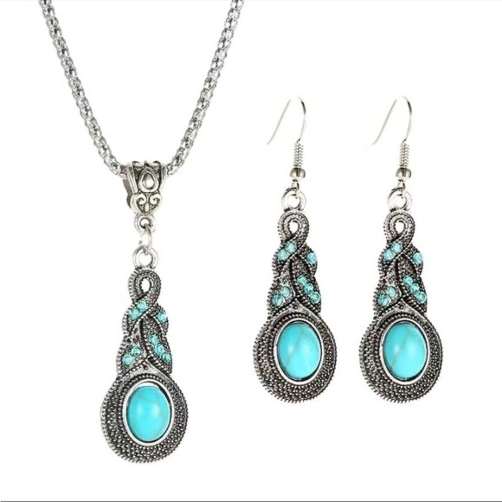 Blue Turquoise Necklace and Earrings Silvery 3-piece Set Fashion Jewelry NEW